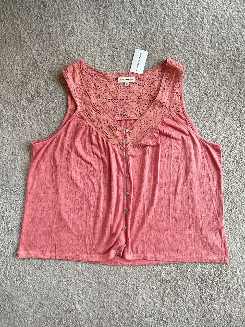 Lucky Brand Coral Pink Crochet Lace Button Down Sleeveless Camisole Top Size XXL